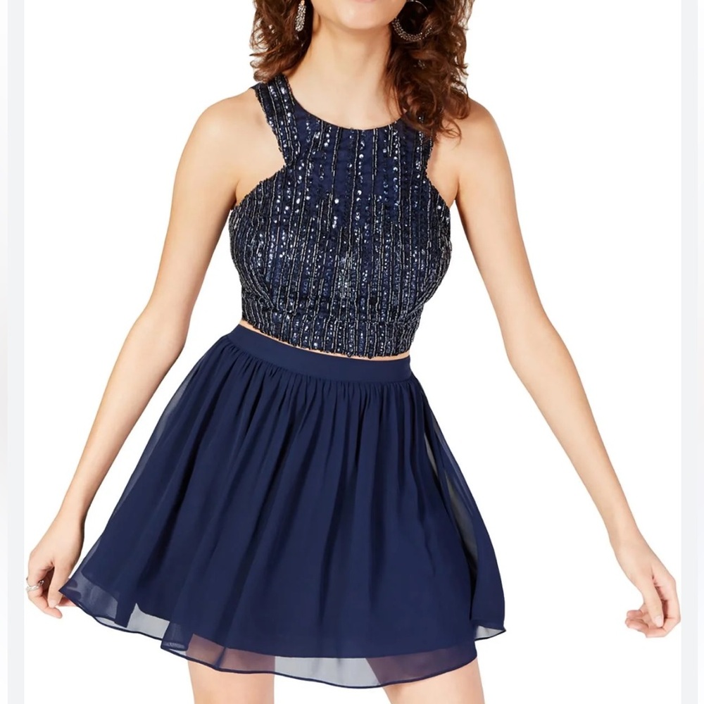 B Darlin- Blue Sequin Top, Sheer Mini Skirt,  2 piece Dress Jrs size 11/12 NWT